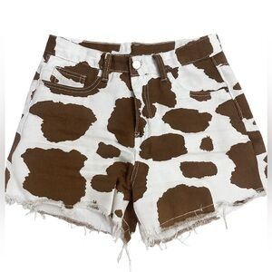 Brown and White Cow Print Women Shorts | Denim | Size S